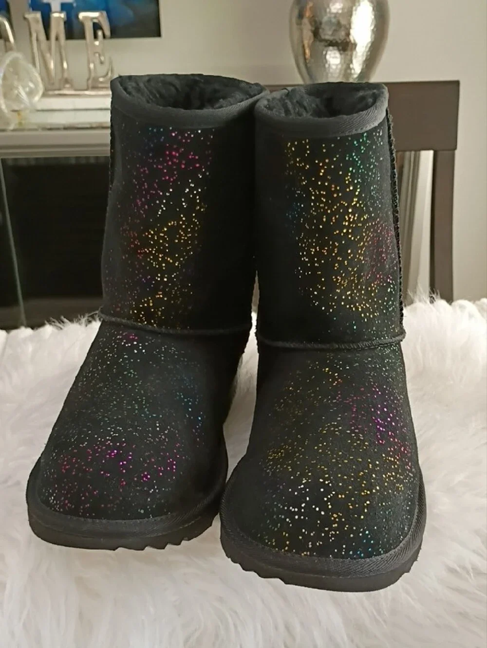 New UGG Classic II Shimmer Sky Glitter Boots in Black Rainbow Glitter